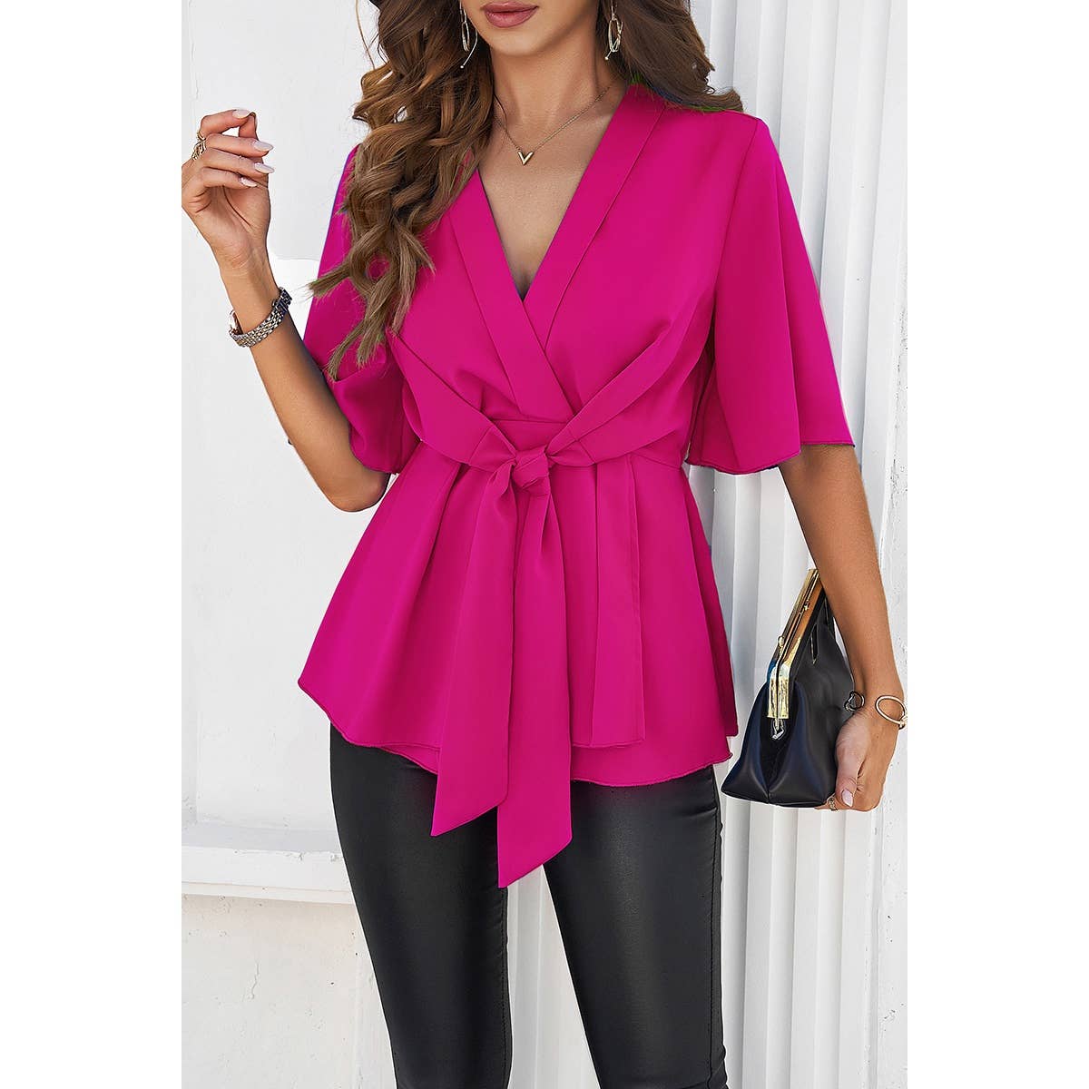 Wide Sleeve Deep V Knot Cross Ruffle Fit Blouse: FUCHSIA