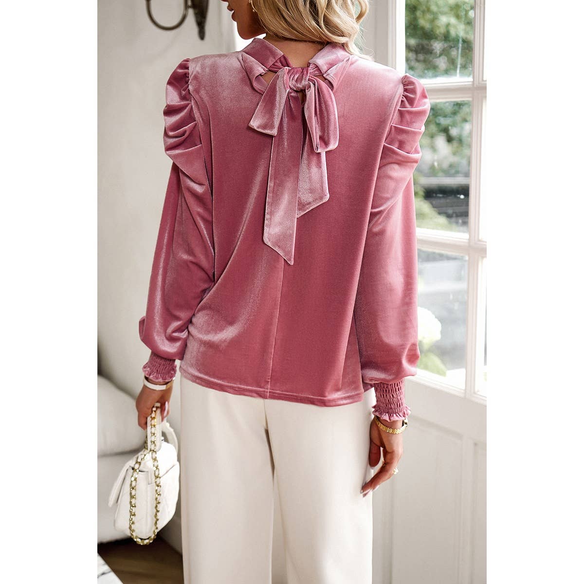 Mock Neck Solid Velvet Blouse: PINK
