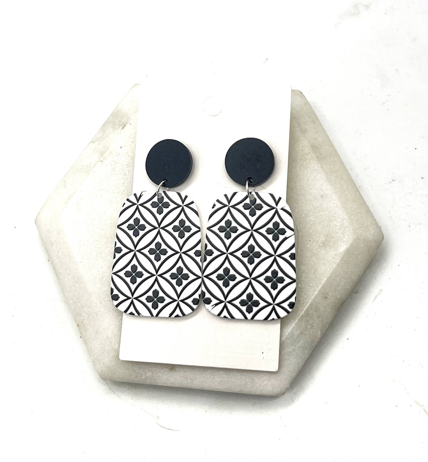 Black White Quatrefoil Acrylic Statement Earrings