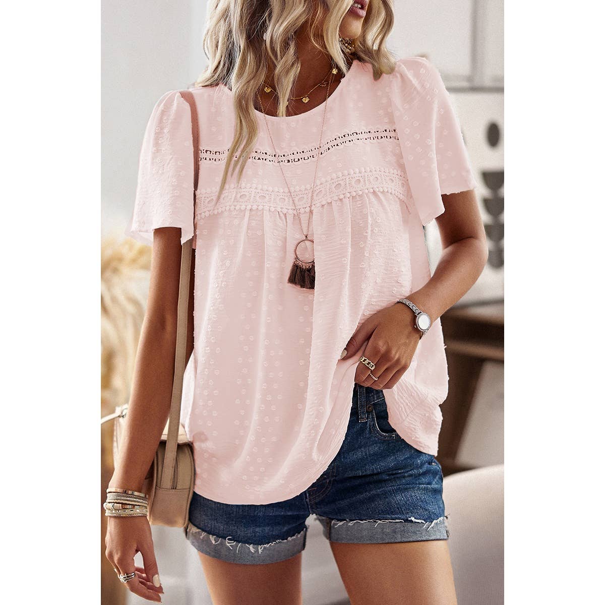 Plus Dot Cut Out Lace Trim Loose Fit Top: RED