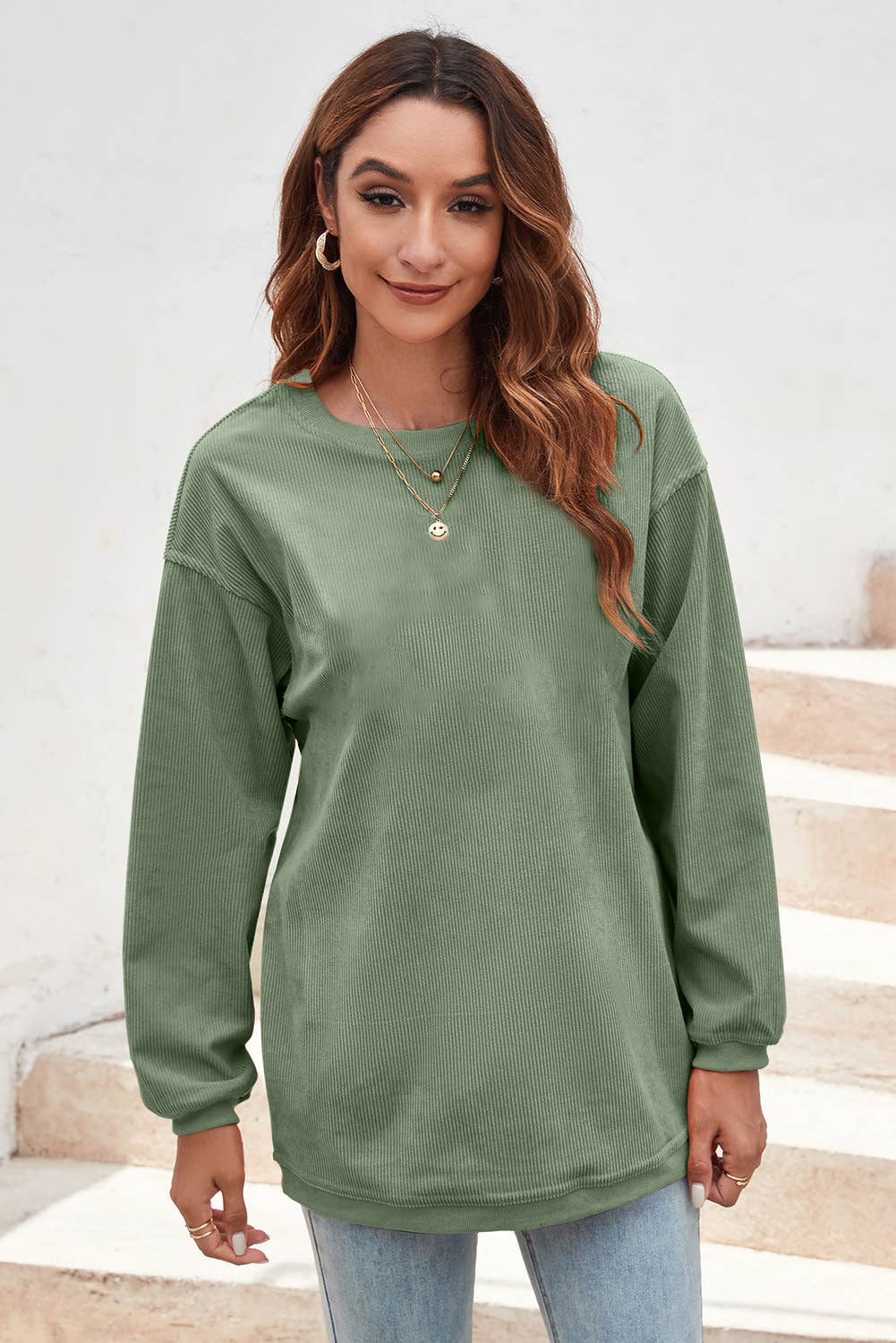 Ribbed Corded Oversized Sweatshirt: Apricot