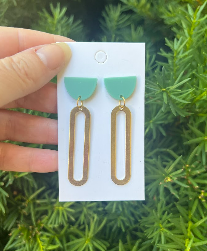 Green Sage Gold Oval Acrylic and Metal Statement Earrings