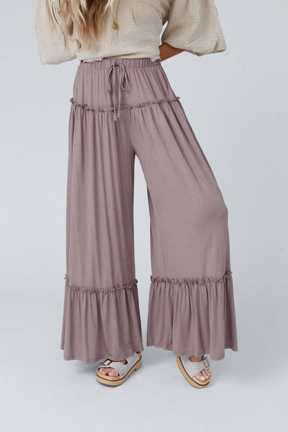 Frilled Drawstring High Waist Wide Leg Pants: MAUVE