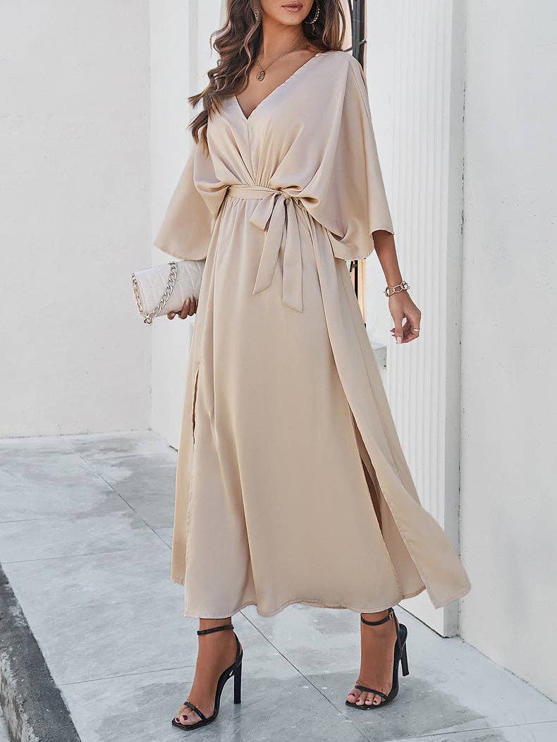Deep V-Neck Short-Sleeved Pleated Maxi Dress: Champagne