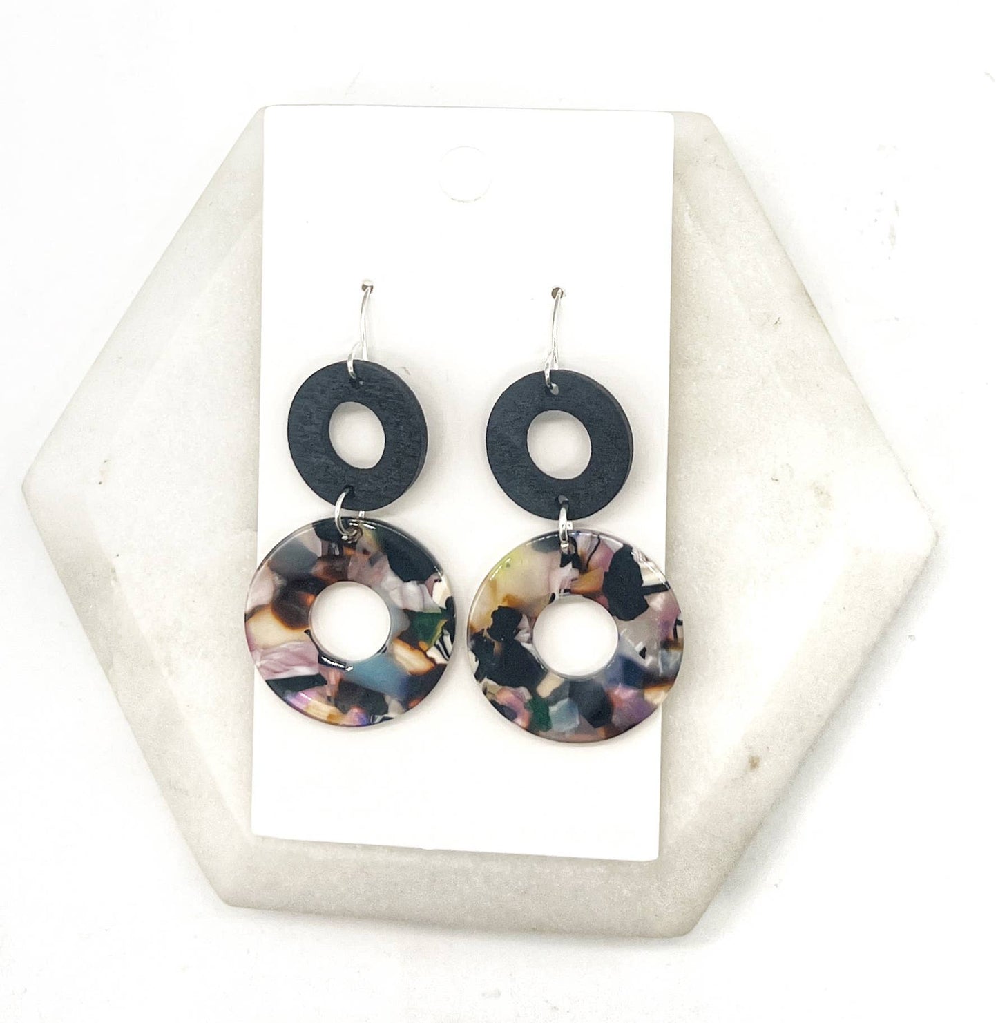 Dark Multi-Color Black Double Duo Wood Acrylic Earrings