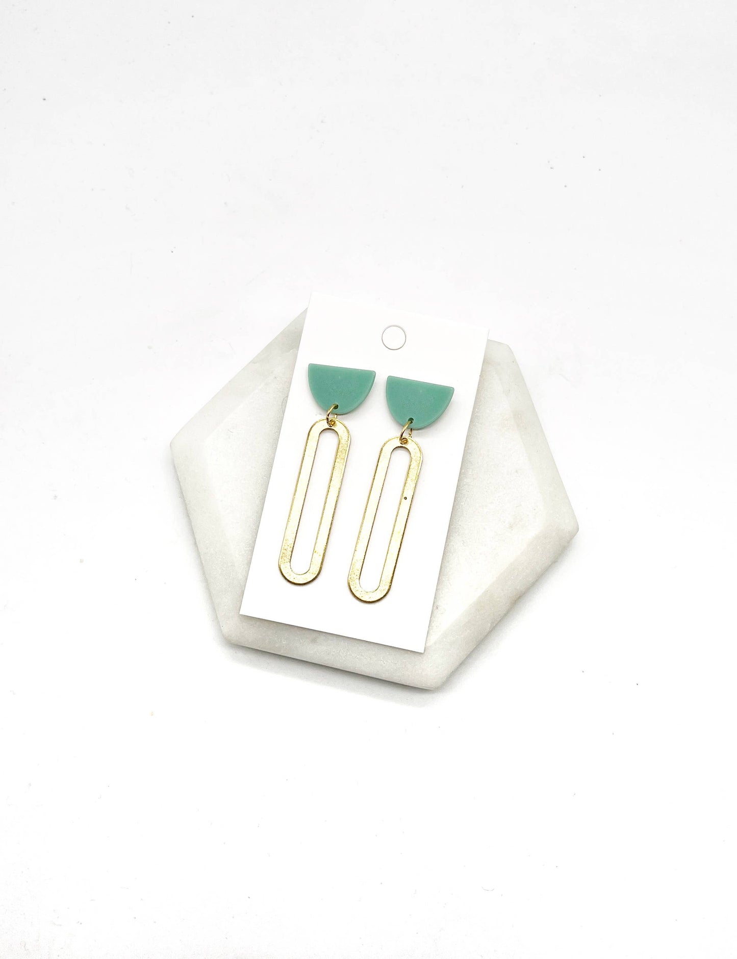 Green Sage Gold Oval Acrylic and Metal Statement Earrings