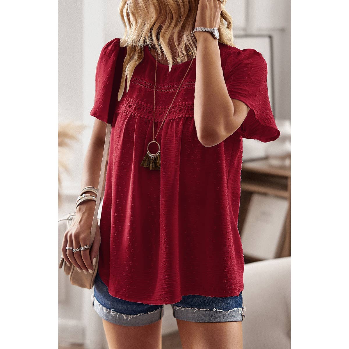 Plus Dot Cut Out Lace Trim Loose Fit Top: RED