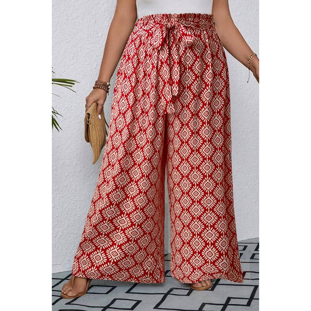 Plus Printed Elastic Waist Knot Belt Wide Leg Pant: RED