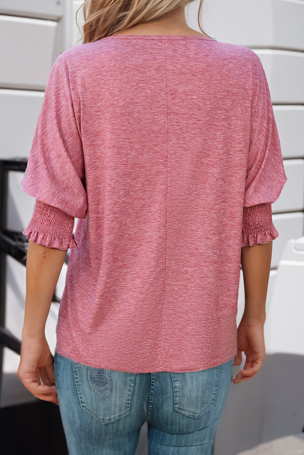 Rose Tan Plain V Neck Smocked Ruffle Sleeve T Shirt: Pink