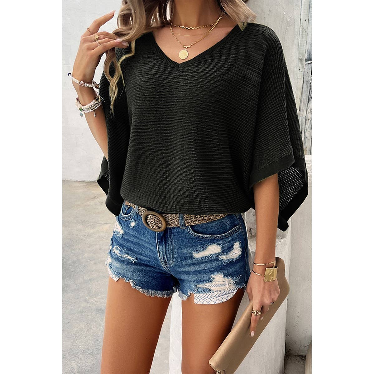 Solid V Neck Knit Loose Fit Bat Sleeves Top: BLACK