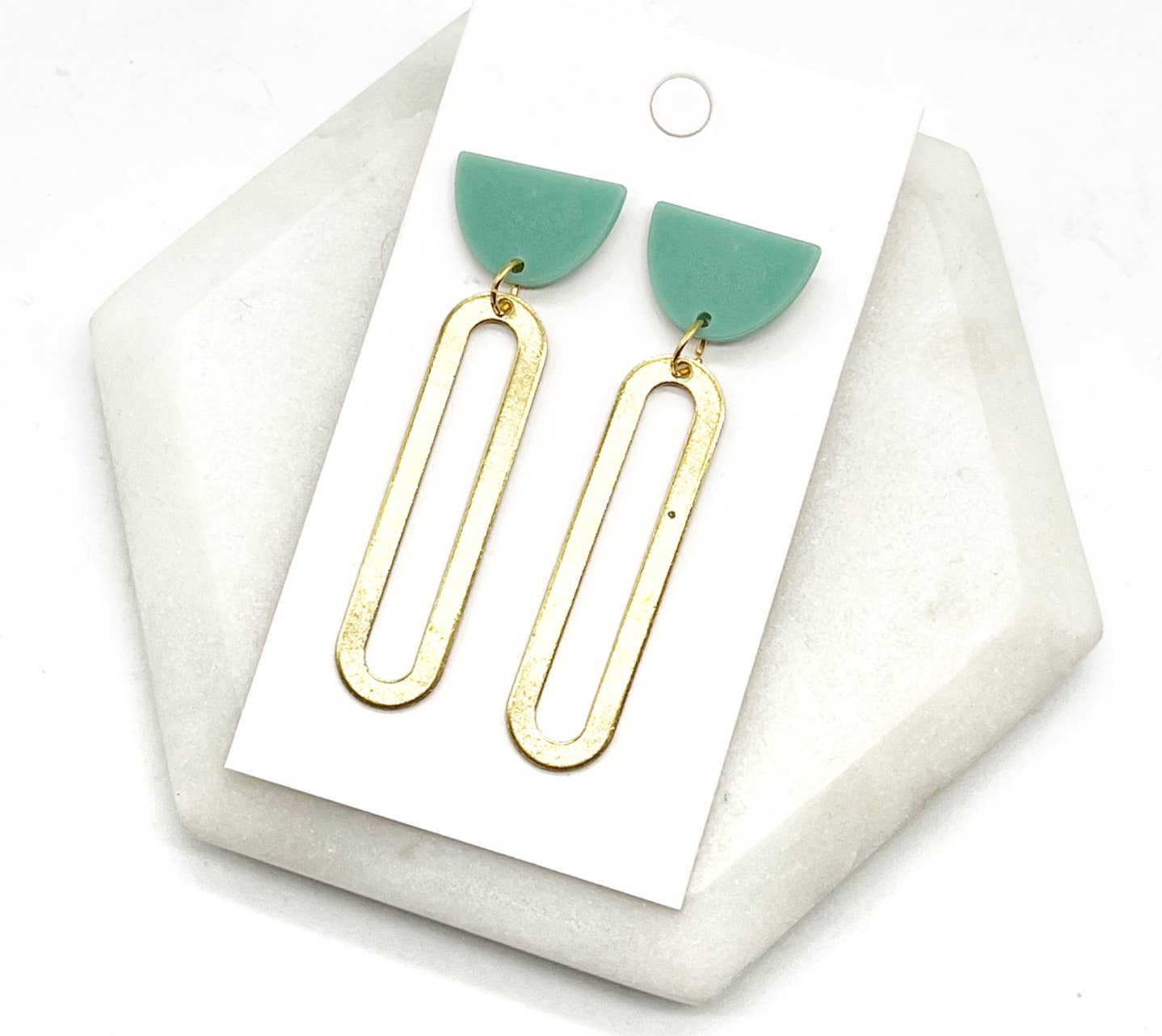 Green Sage Gold Oval Acrylic and Metal Statement Earrings