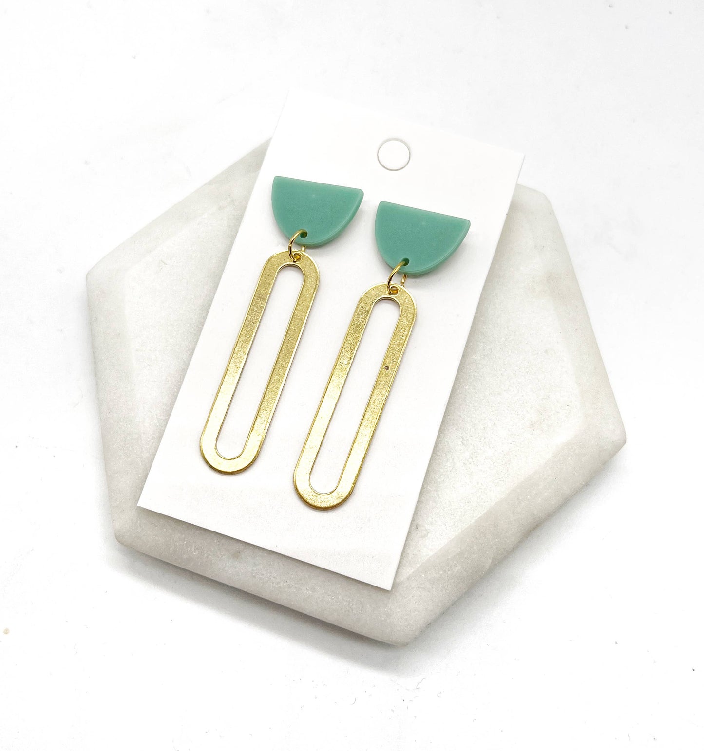Green Sage Gold Oval Acrylic and Metal Statement Earrings