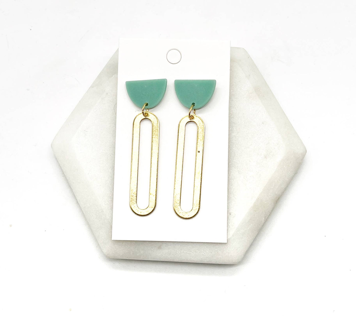 Green Sage Gold Oval Acrylic and Metal Statement Earrings