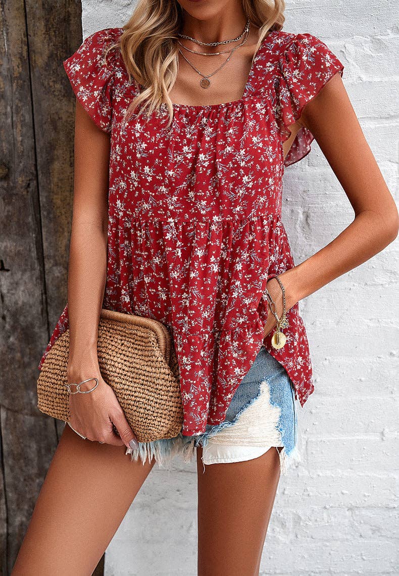 Puff Short-Sleeved Square Neck Ruffled Shirt Top: Red