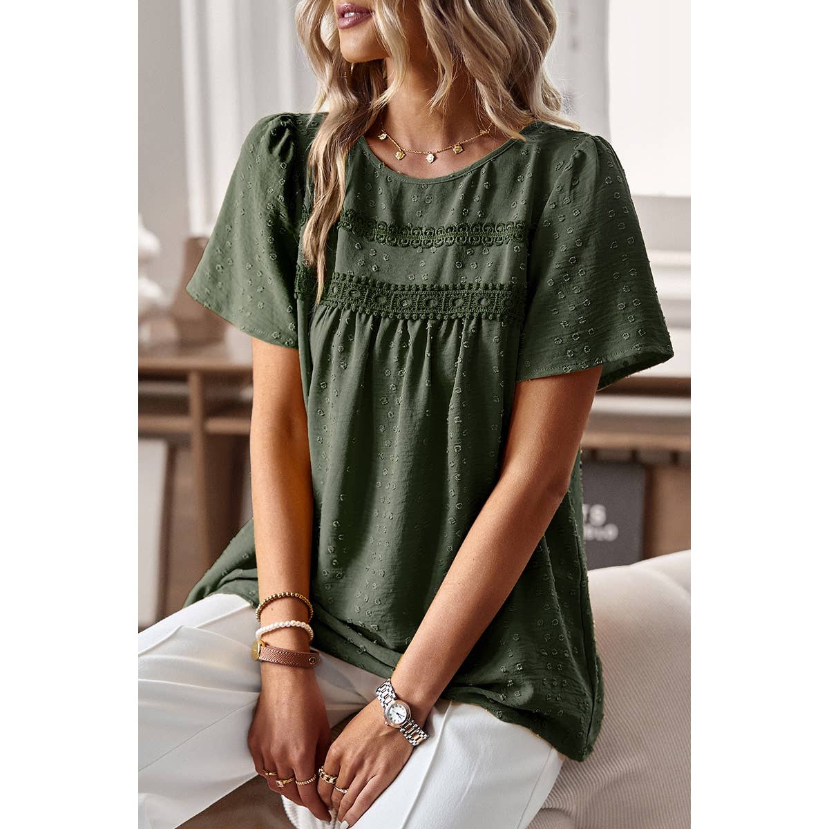 Plus Dot Cut Out Lace Trim Loose Fit Top: RED