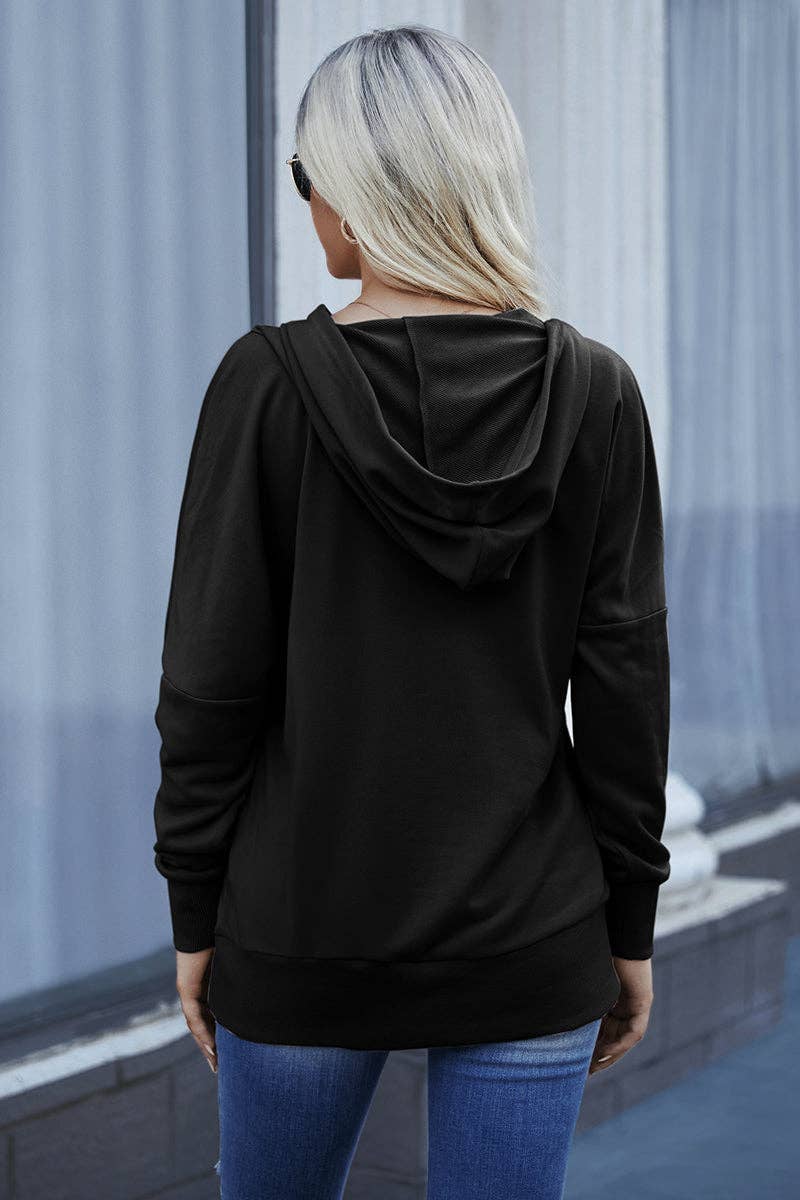 Button V-Neck Pocket Hoodie- BLACK