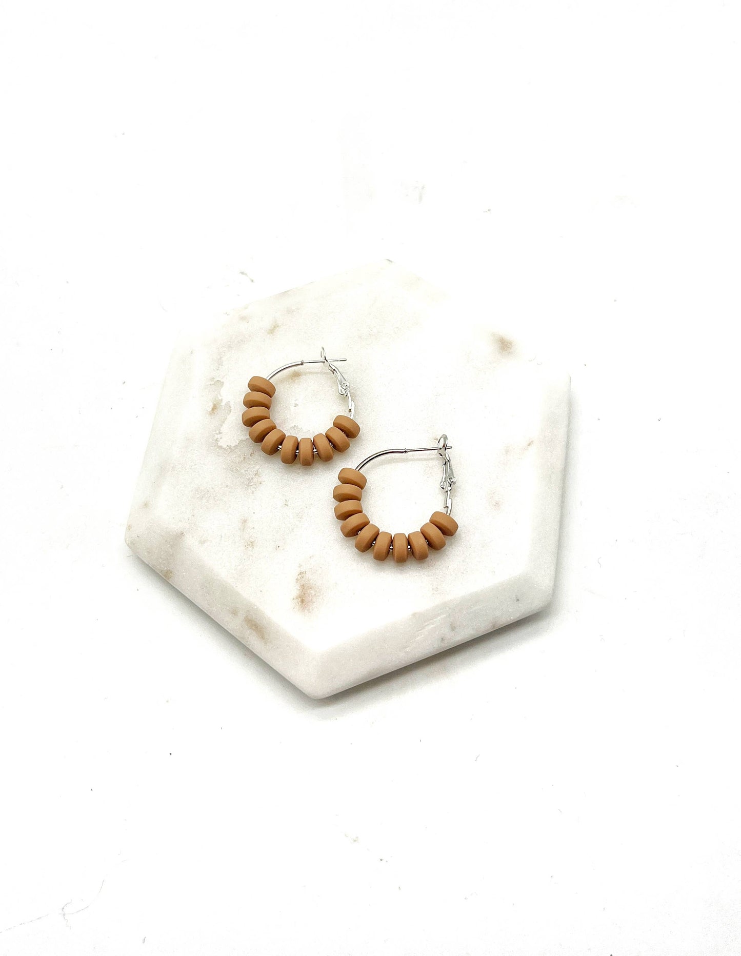 Brown Tan Clay Beaded Statement Hoop Earrings