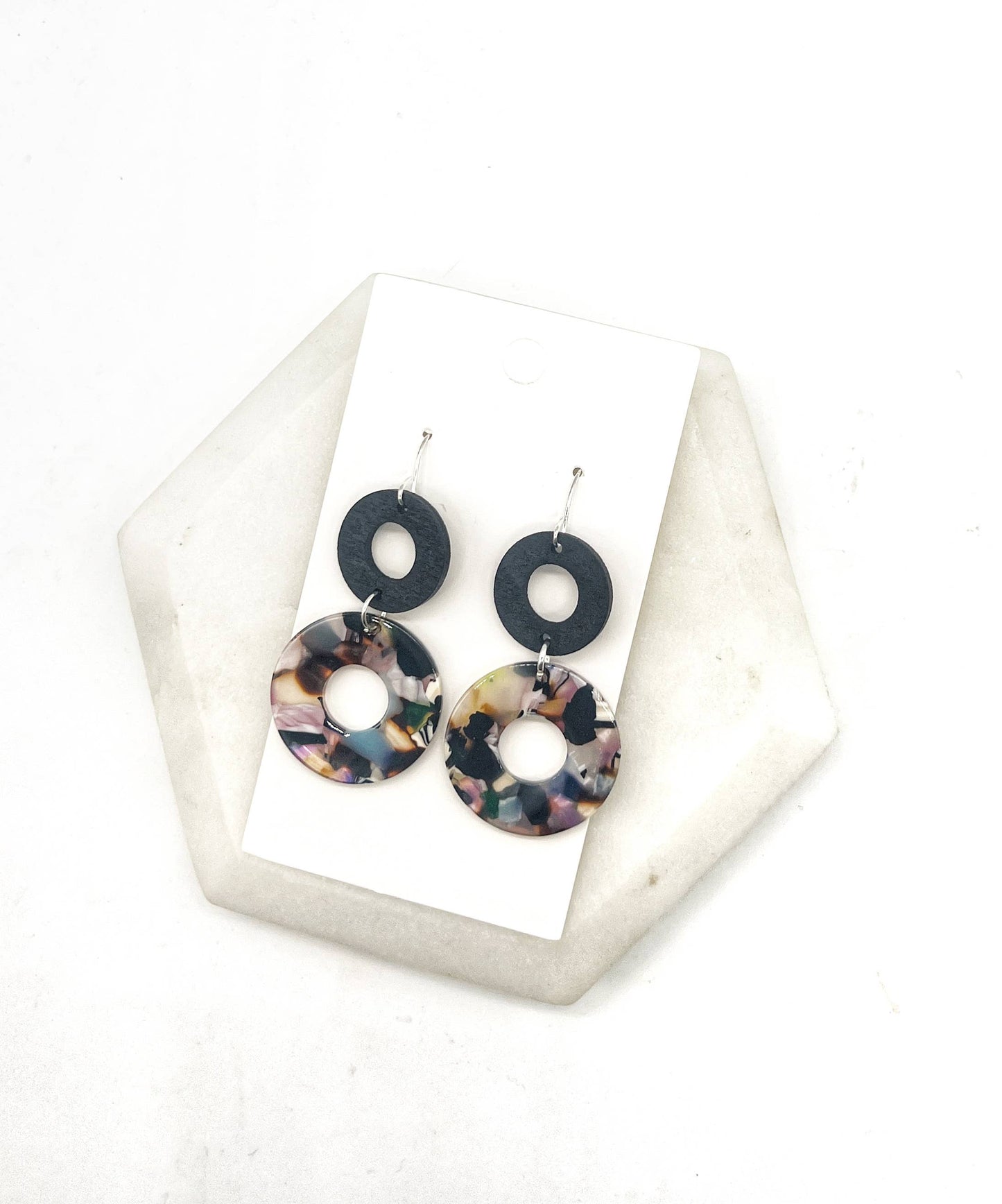 Dark Multi-Color Black Double Duo Wood Acrylic Earrings