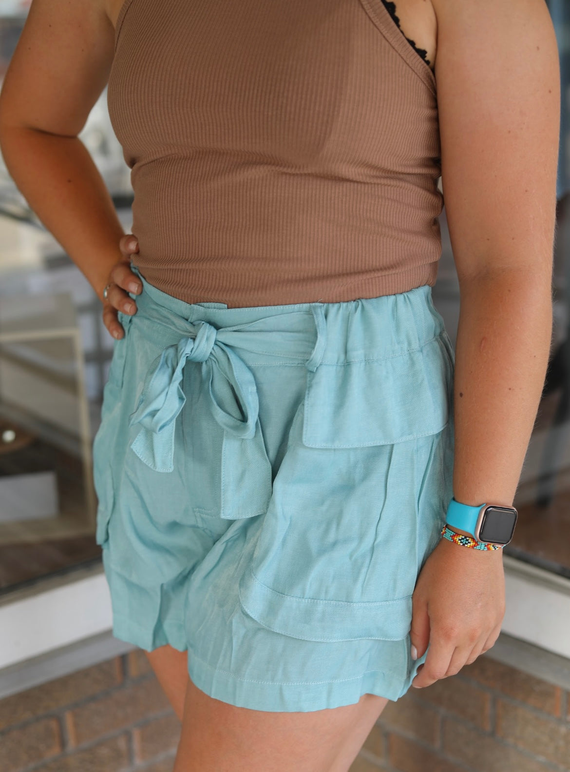 Elastic Waistband and Tie Utility Shorts-Seafoam