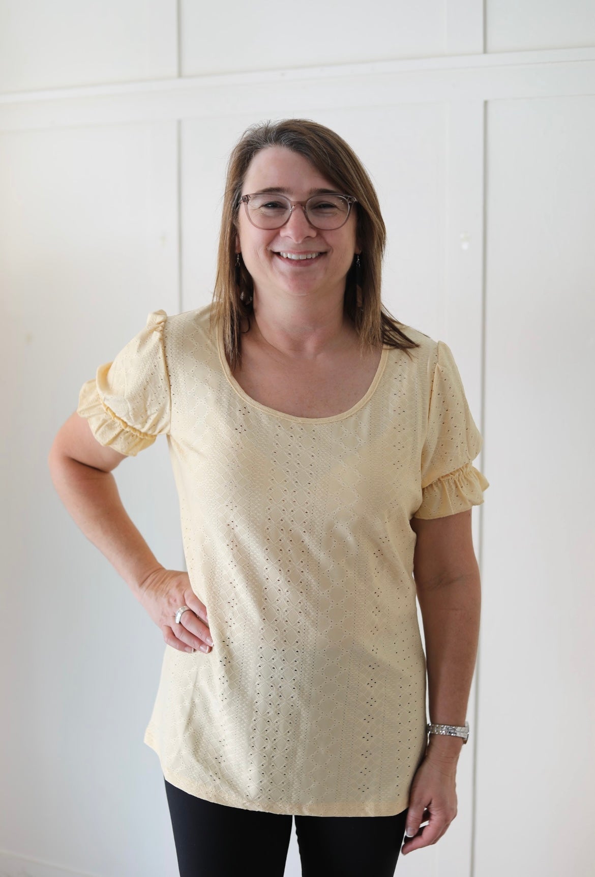 LACE, ROUND NECK, PRINCESS SLEEVES TOP YELLOW