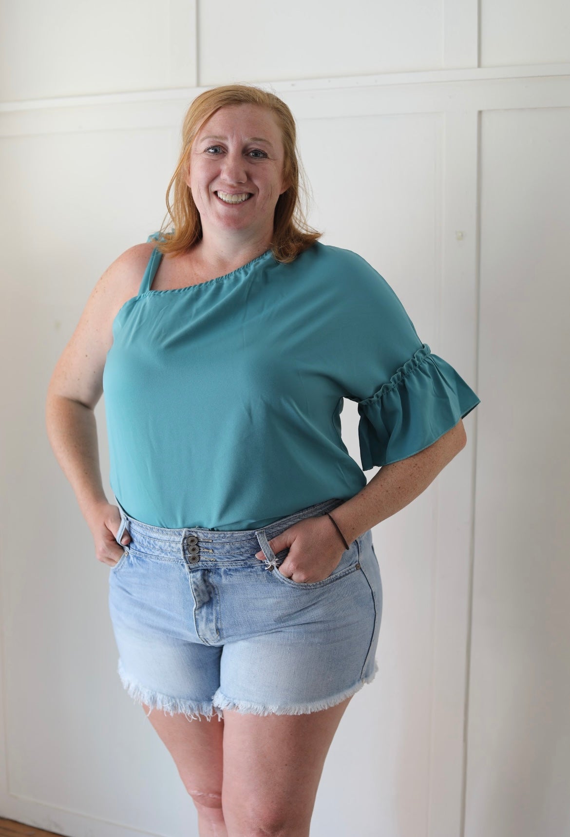 Tie Straps Ruffle Short Sleeve Solid | LAKE BLUE