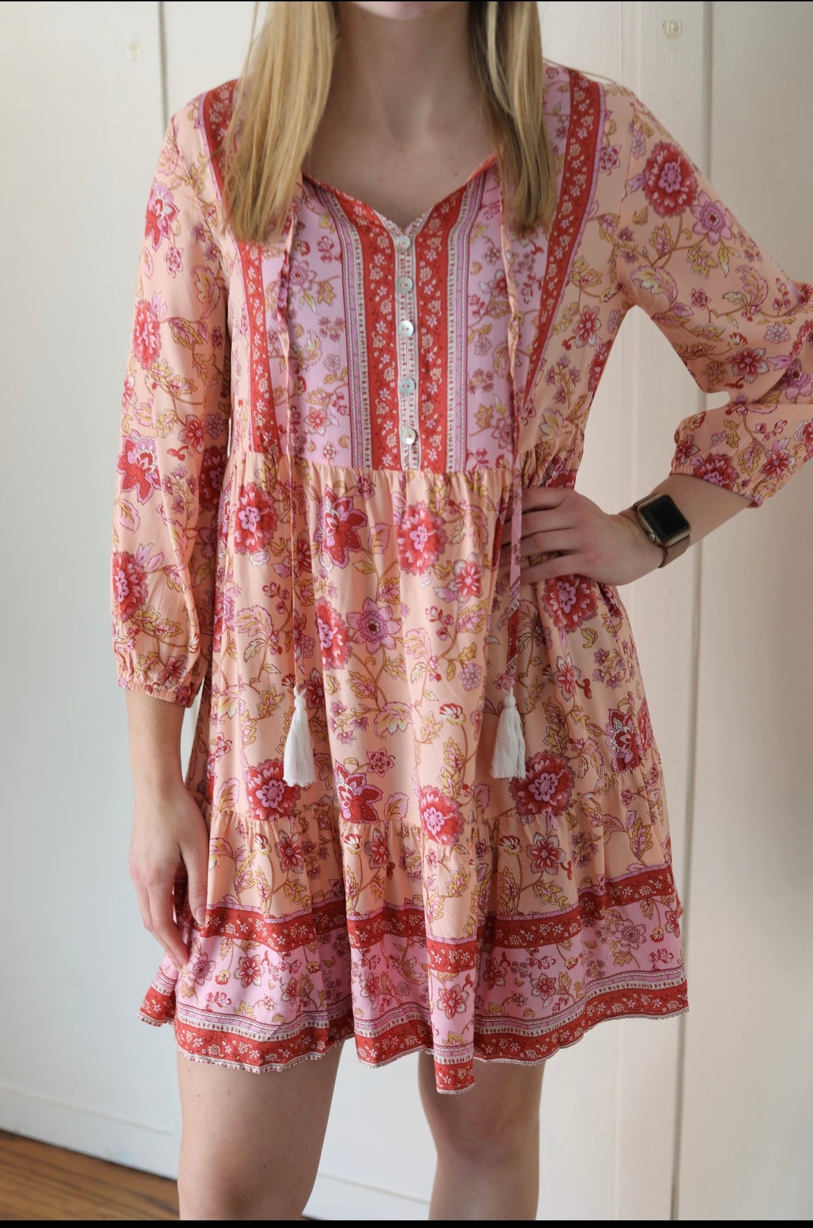 Long Sleeves Floral Ruffled Dress-PINK