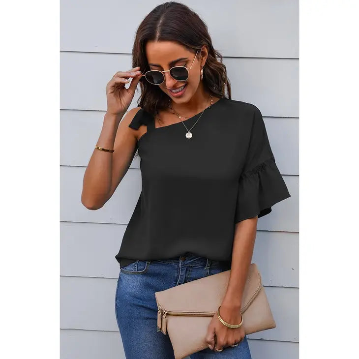 Tie Straps Ruffle Short Sleeve Solid | BLACK