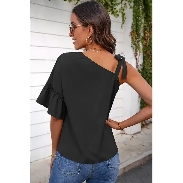 Tie Straps Ruffle Short Sleeve Solid | BLACK