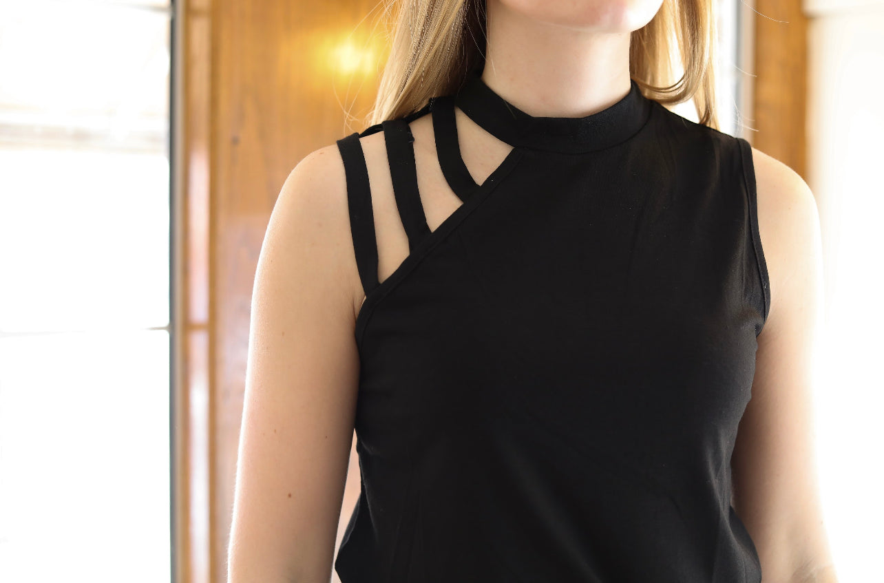 Mock Neck Cutout Shoulder Sleeveless Top