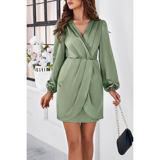 Pleated V Neck Solid Wrap Puff Sleeves Fit Dress: GREEN