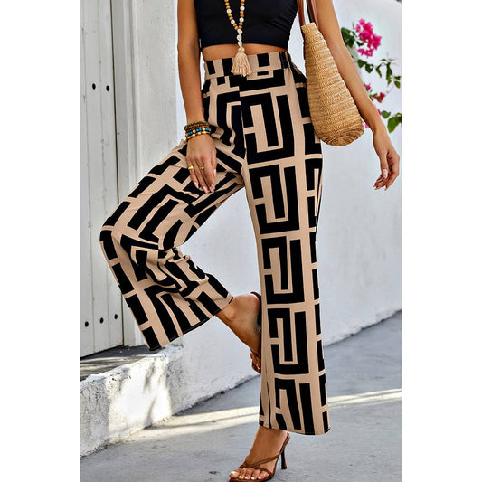 Allover Print Elastic Waist Band Fit Pant: BROWN