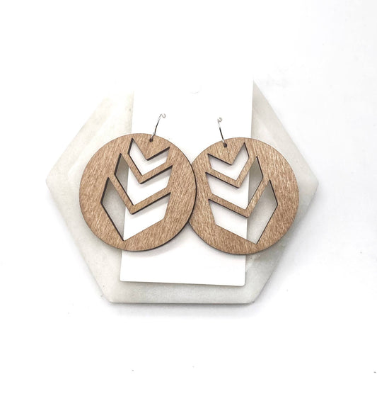 Wood Chevron Disc Circle Statement Earrings