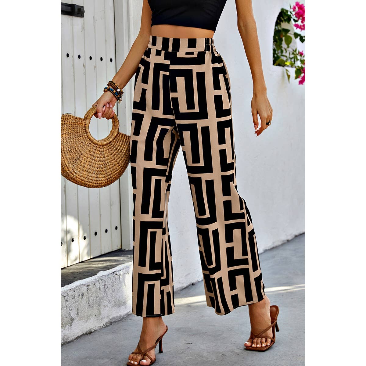 Allover Print Elastic Waist Band Fit Pant: BROWN