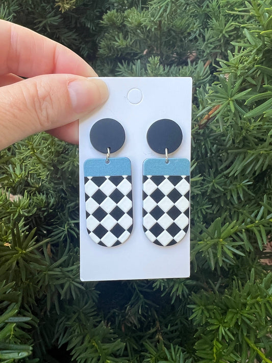 Black White Blue Checkered Deco Acrylic Statement Earrings