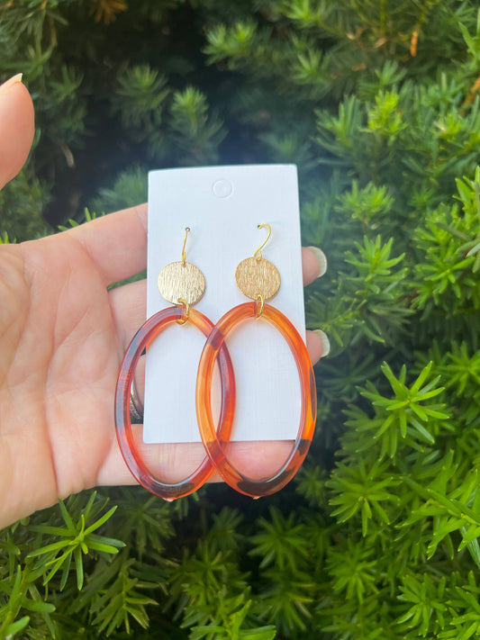 Gold and Amber Tortoise Acrylic Oval Statement Earrings