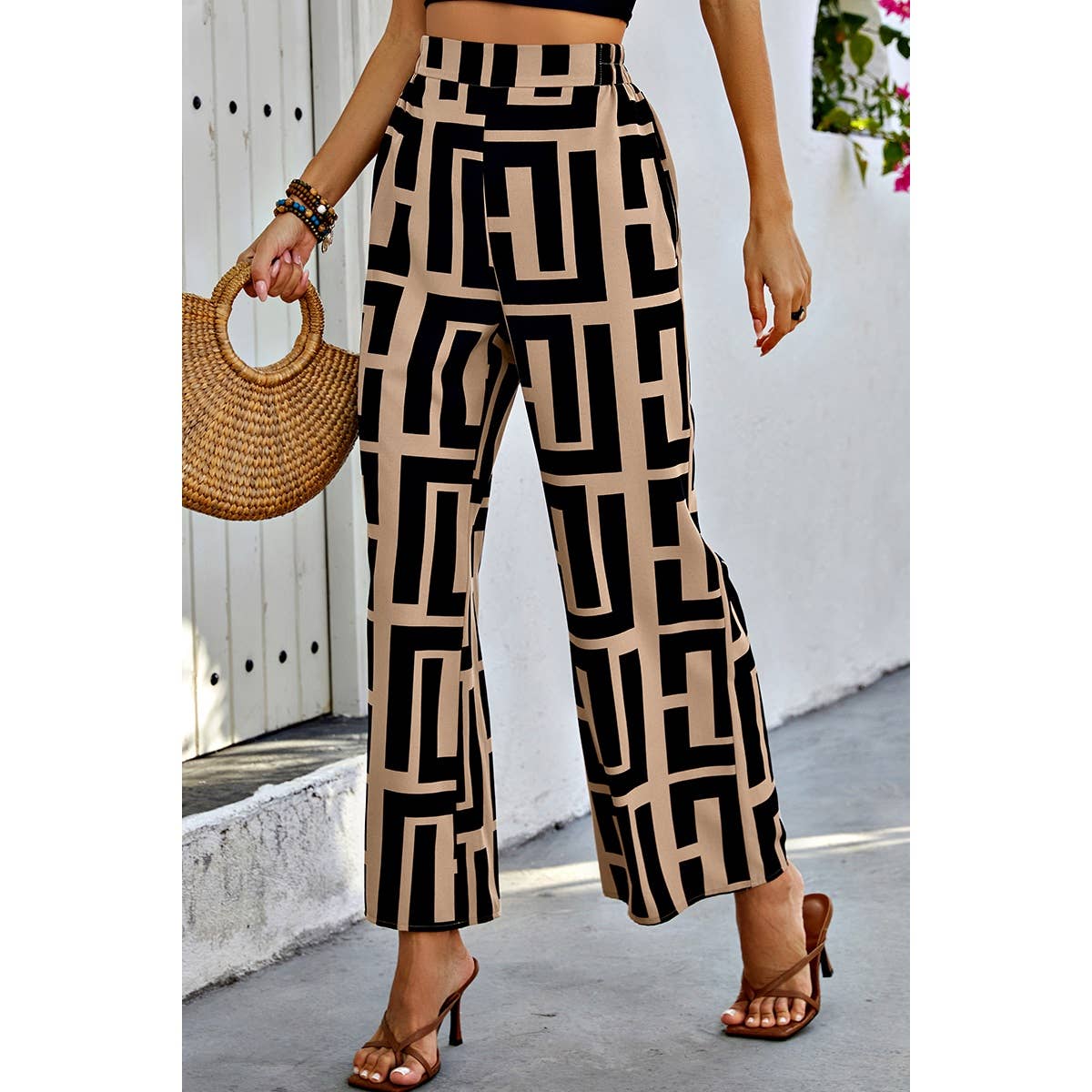 Allover Print Elastic Waist Band Fit Pant: BROWN