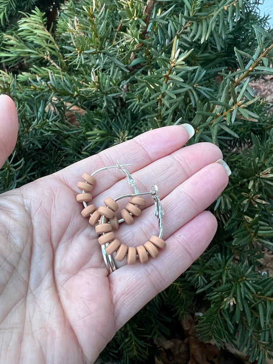 Brown Tan Clay Beaded Statement Hoop Earrings