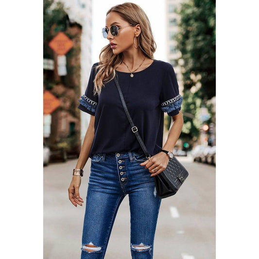 Solid Round Neck Loose Fit Frill Trim Tee: NAVY