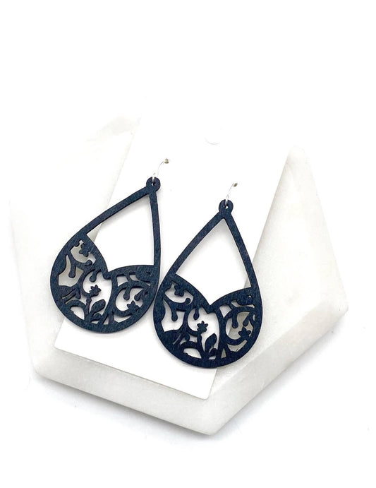 Black Wood Filigree Teardrop Statement Earrings
