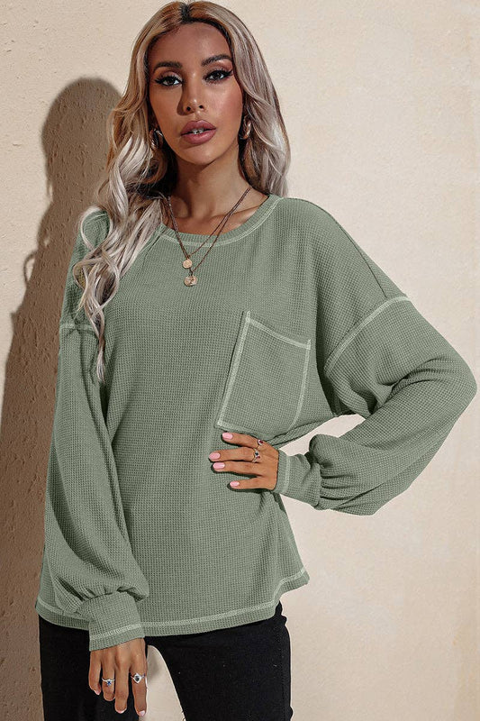 Round Neck Long Sleeve Knit Top: GREEN