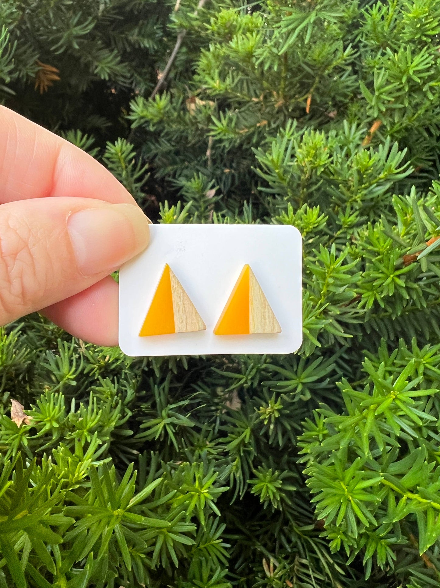 Mustard Yellow Wood Resin Acrylic Triangle Statement Studs