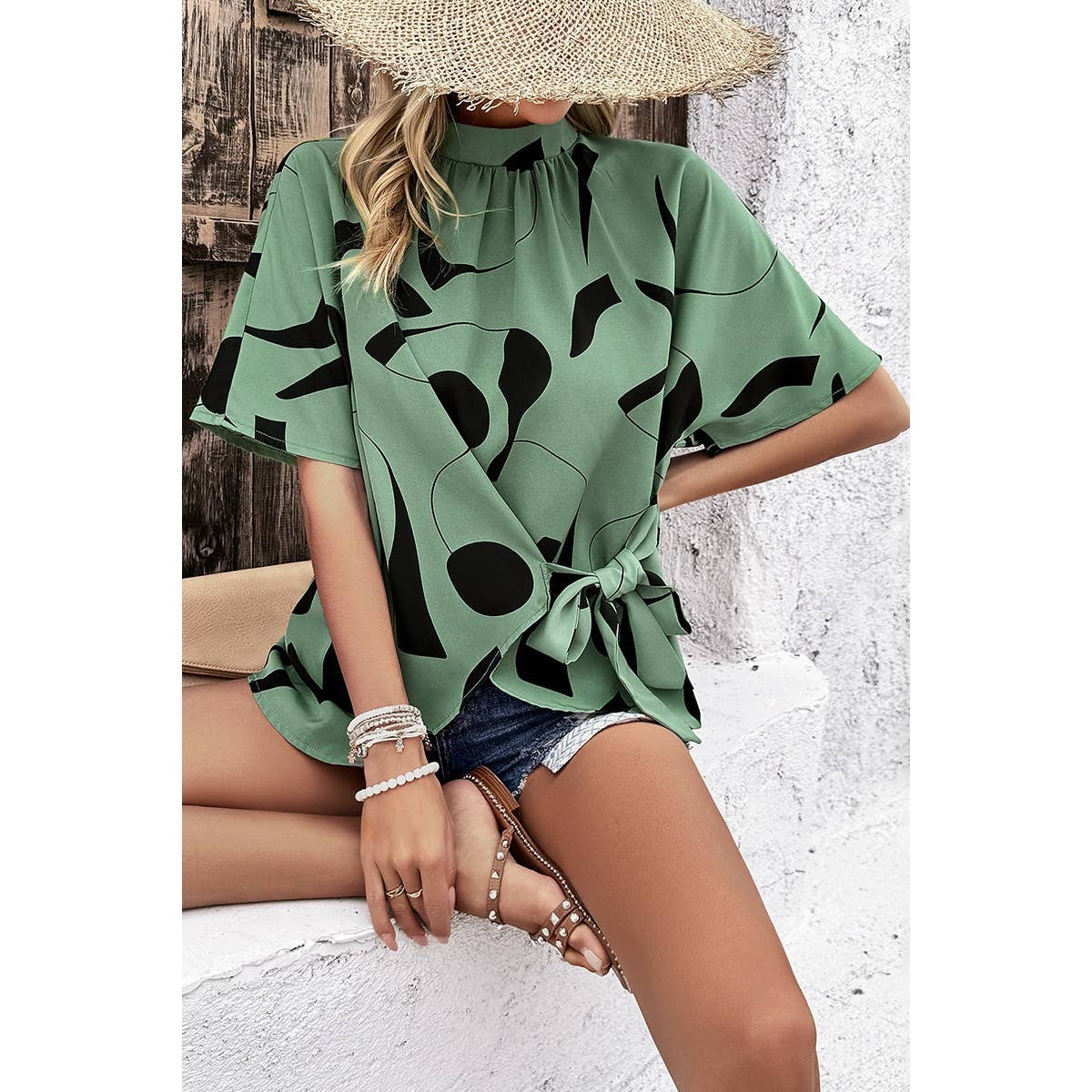 Allover Print Side Knot Short Sleeves Fit Blouse: GREEN