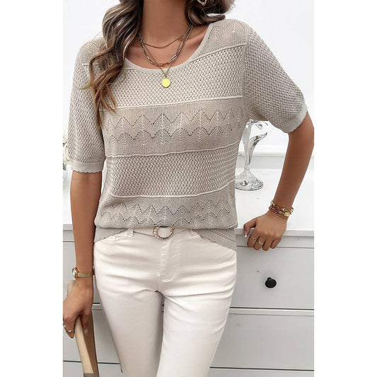 Knit Lace Trim Round Neck Loose Top: Khaki