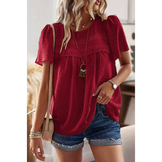 Plus Dot Cut Out Lace Trim Loose Fit Top: RED