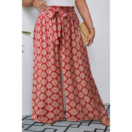 Plus Printed Elastic Waist Knot Belt Wide Leg Pant: RED