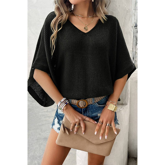 Solid V Neck Knit Loose Fit Bat Sleeves Top: BLACK