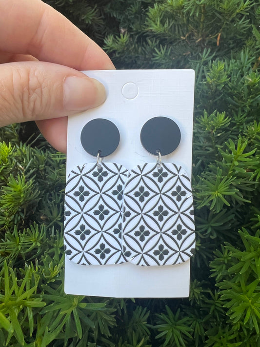 Black White Quatrefoil Acrylic Statement Earrings