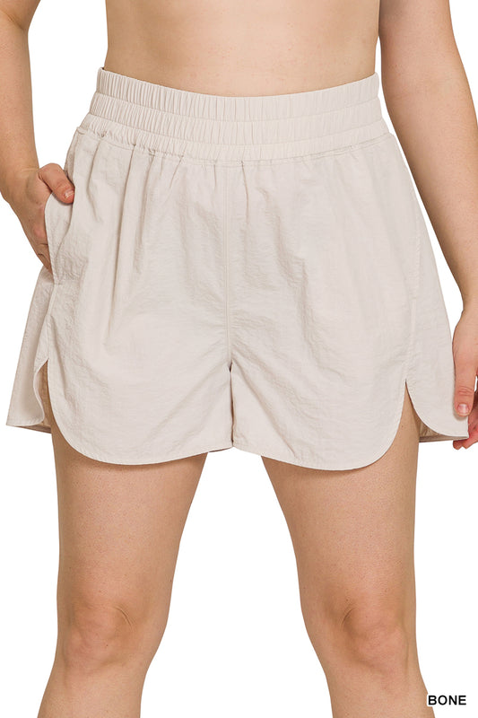 PLUS-WINDBREAKER SMOCKED WAISTBAND RUNNING SHORTS-BONE