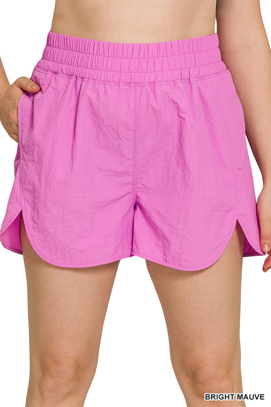 PLUS-WINDBREAKER SMOCKED WAISTBAND RUNNING SHORTS-BRIGHT MAUVE