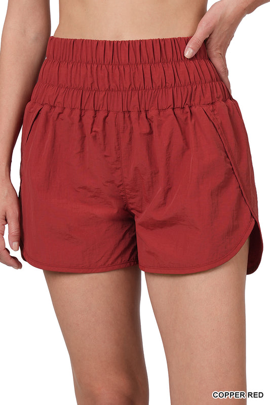 WINDBREAKER SMOCKED WAISTBAND RUNNING SHORTS-RED